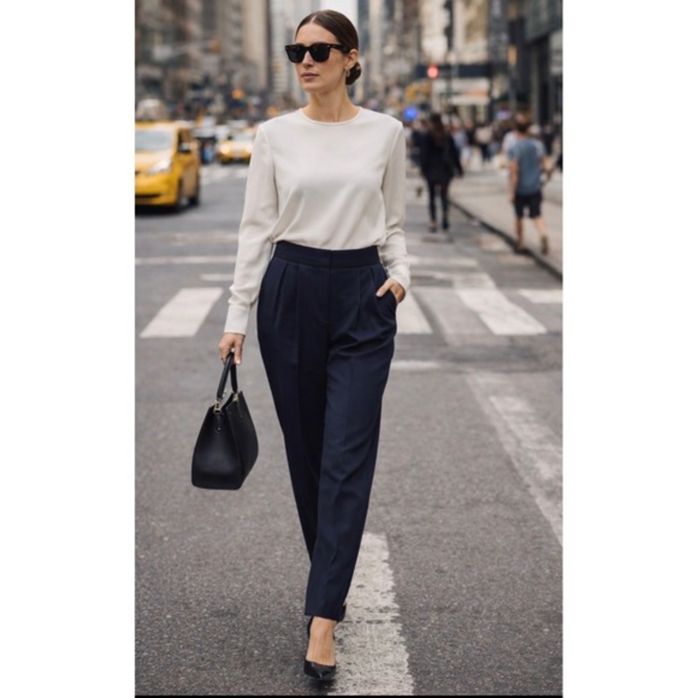 Tibi Women's Pleated Front Wool Blend Navy Trousers 6 work minimalist clean city